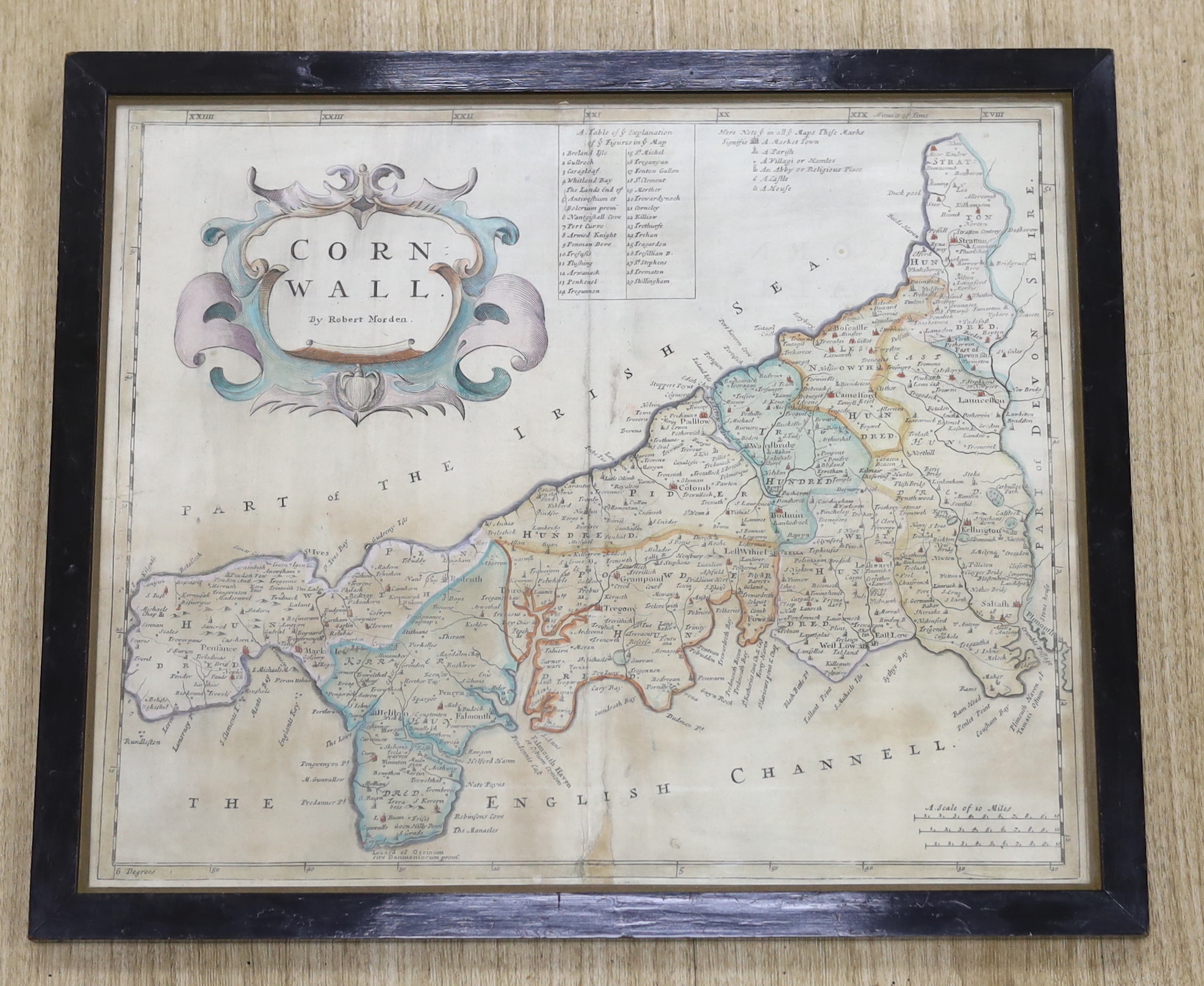Robert Morden (1650-1703), hand coloured map of Cornwall, 37 x 45cm